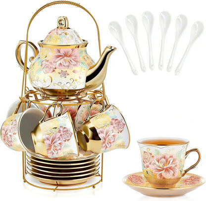 20 Pcs Porcelain Tea Set with Metal Holder, European Ceramic Tea Set for Adults, Antique Enamel Tea Cup Saucer Set for Party, Coffee Tea Gift Sets with Pink Flower Painting (Pink Enamel)