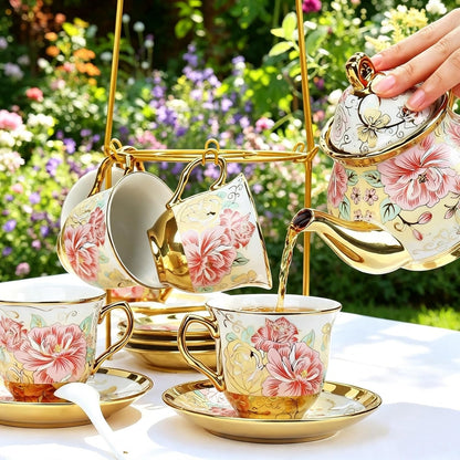 20 Pcs Porcelain Tea Set with Metal Holder, European Ceramic Tea Set for Adults, Antique Enamel Tea Cup Saucer Set for Party, Coffee Tea Gift Sets with Pink Flower Painting (Pink Enamel)