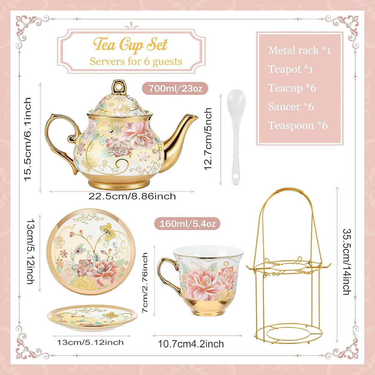 20 Pcs Porcelain Tea Set with Metal Holder, European Ceramic Tea Set for Adults, Antique Enamel Tea Cup Saucer Set for Party, Coffee Tea Gift Sets with Pink Flower Painting (Pink Enamel)