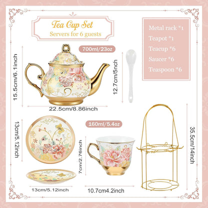 20 Pcs Porcelain Tea Set with Metal Holder, European Ceramic Tea Set for Adults, Antique Enamel Tea Cup Saucer Set for Party, Coffee Tea Gift Sets with Pink Flower Painting (Pink Enamel)