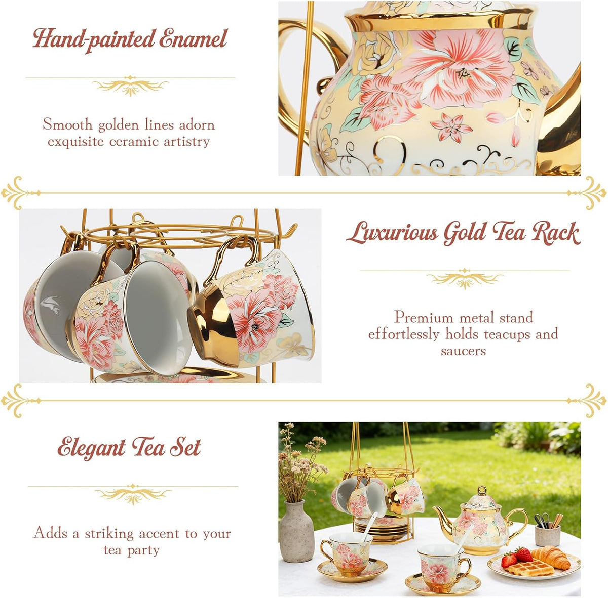 20 Pcs Porcelain Tea Set with Metal Holder, European Ceramic Tea Set for Adults, Antique Enamel Tea Cup Saucer Set for Party, Coffee Tea Gift Sets with Pink Flower Painting (Pink Enamel)