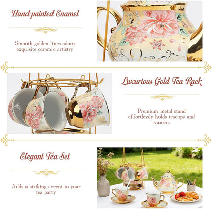 20 Pcs Porcelain Tea Set with Metal Holder, European Ceramic Tea Set for Adults, Antique Enamel Tea Cup Saucer Set for Party, Coffee Tea Gift Sets with Pink Flower Painting (Pink Enamel)