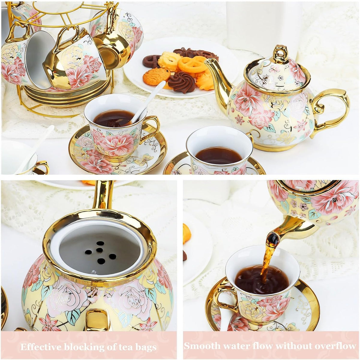 20 Pcs Porcelain Tea Set with Metal Holder, European Ceramic Tea Set for Adults, Antique Enamel Tea Cup Saucer Set for Party, Coffee Tea Gift Sets with Pink Flower Painting (Pink Enamel)
