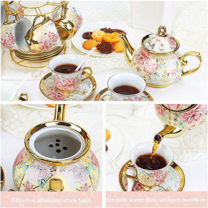 20 Pcs Porcelain Tea Set with Metal Holder, European Ceramic Tea Set for Adults, Antique Enamel Tea Cup Saucer Set for Party, Coffee Tea Gift Sets with Pink Flower Painting (Pink Enamel)
