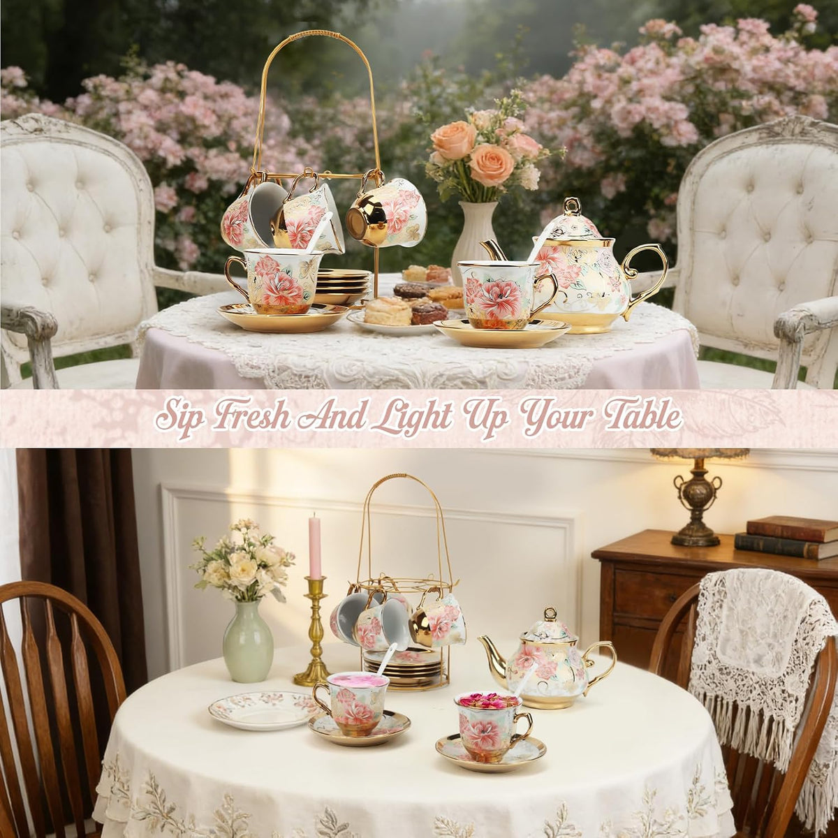 20 Pcs Porcelain Tea Set with Metal Holder, European Ceramic Tea Set for Adults, Antique Enamel Tea Cup Saucer Set for Party, Coffee Tea Gift Sets with Pink Flower Painting (Pink Enamel)