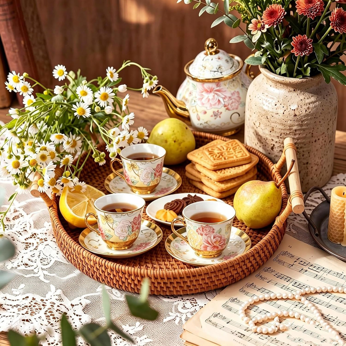 20 Pcs Porcelain Tea Set with Metal Holder, European Ceramic Tea Set for Adults, Antique Enamel Tea Cup Saucer Set for Party, Coffee Tea Gift Sets with Pink Flower Painting (Pink Enamel)