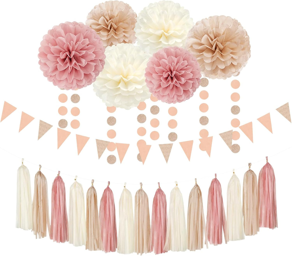 Pink Champagne-Peach Rose-Gold Boho Party Decorations - 23pcs Women Girls Birthday Tissue Pom Poms Streamers,Baby Bridal Shower Tassel Garland Banner,Rustic Wedding Graduation Decor Backdrop