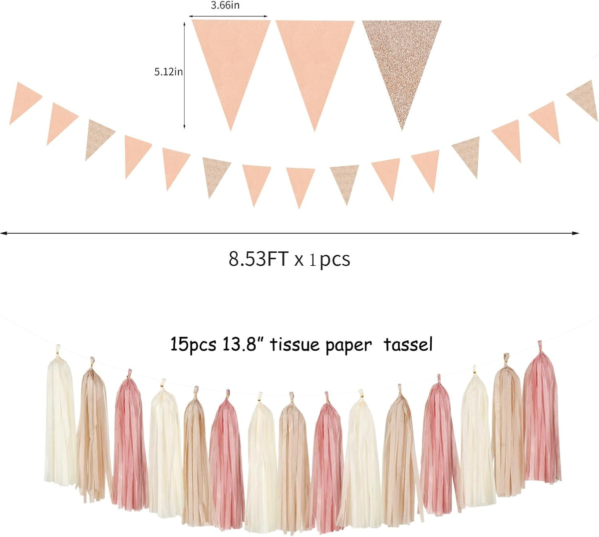 Pink Champagne-Peach Rose-Gold Boho Party Decorations - 23pcs Women Girls Birthday Tissue Pom Poms Streamers,Baby Bridal Shower Tassel Garland Banner,Rustic Wedding Graduation Decor Backdrop
