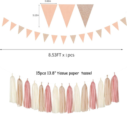 Pink Champagne-Peach Rose-Gold Boho Party Decorations - 23pcs Women Girls Birthday Tissue Pom Poms Streamers,Baby Bridal Shower Tassel Garland Banner,Rustic Wedding Graduation Decor Backdrop