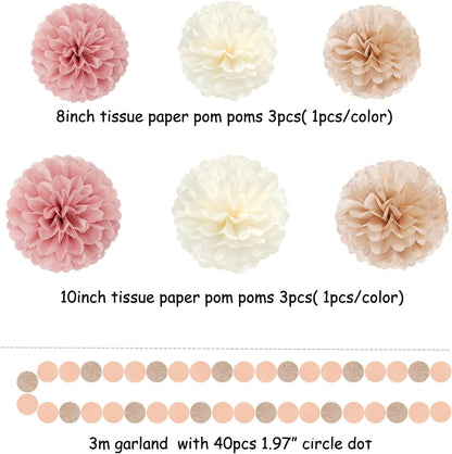Pink Champagne-Peach Rose-Gold Boho Party Decorations - 23pcs Women Girls Birthday Tissue Pom Poms Streamers,Baby Bridal Shower Tassel Garland Banner,Rustic Wedding Graduation Decor Backdrop