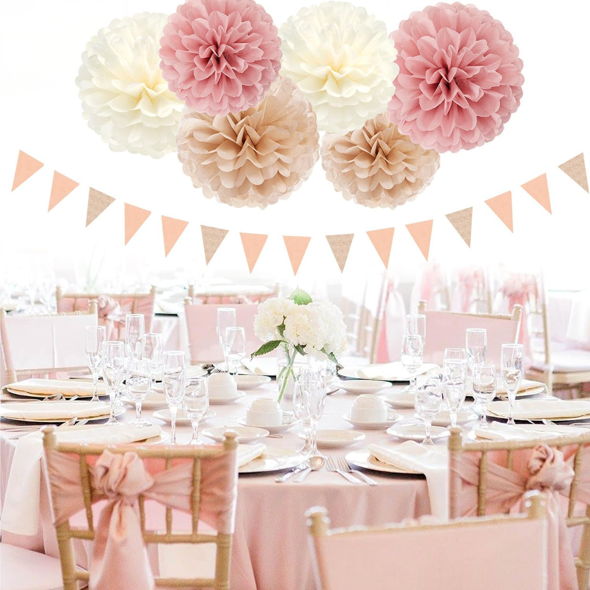 Pink Champagne-Peach Rose-Gold Boho Party Decorations - 23pcs Women Girls Birthday Tissue Pom Poms Streamers,Baby Bridal Shower Tassel Garland Banner,Rustic Wedding Graduation Decor Backdrop