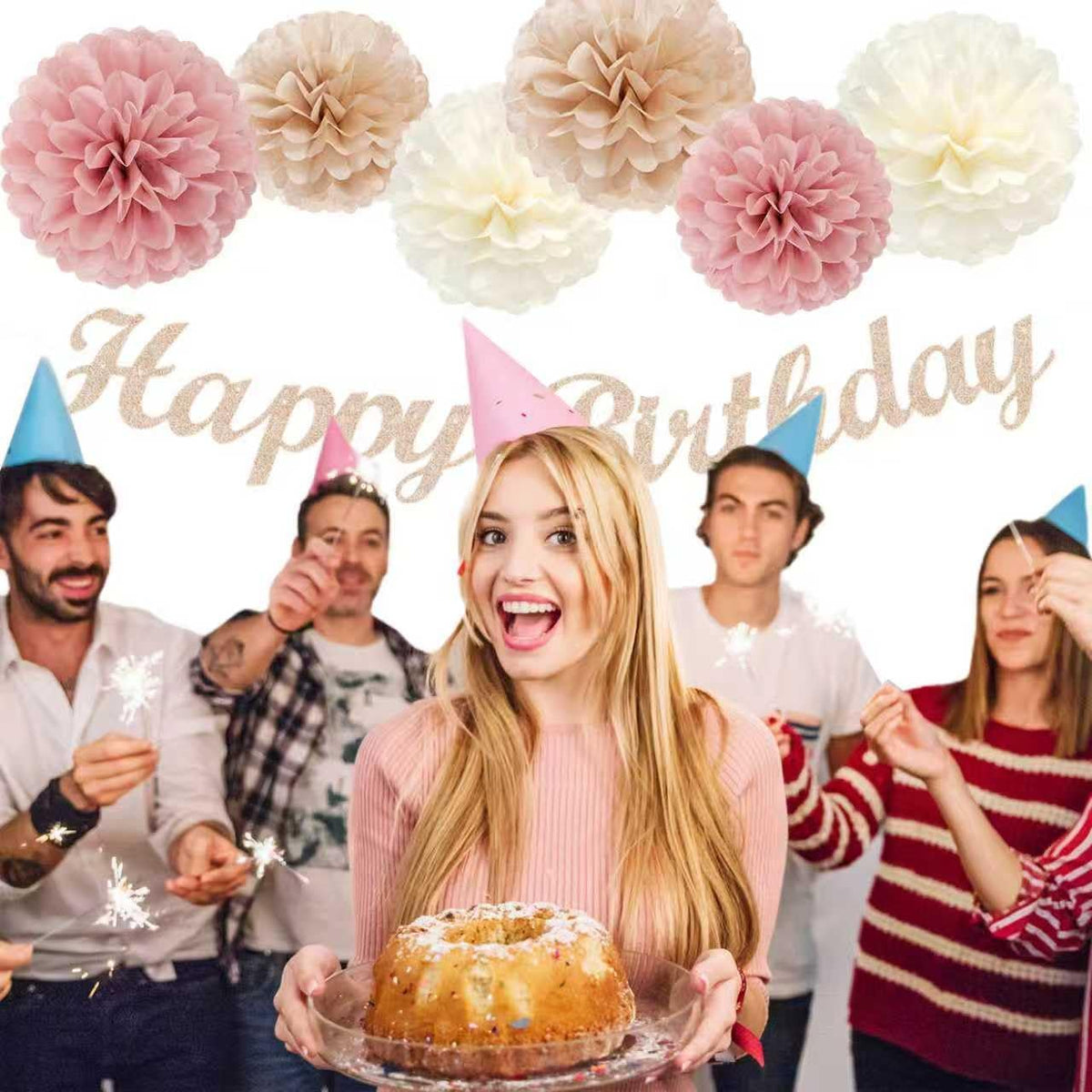 Pink Champagne-Peach Rose-Gold Boho Party Decorations - 23pcs Women Girls Birthday Tissue Pom Poms Streamers,Baby Bridal Shower Tassel Garland Banner,Rustic Wedding Graduation Decor Backdrop