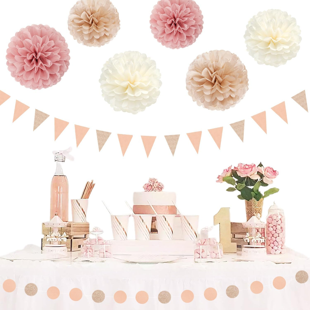 Pink Champagne-Peach Rose-Gold Boho Party Decorations - 23pcs Women Girls Birthday Tissue Pom Poms Streamers,Baby Bridal Shower Tassel Garland Banner,Rustic Wedding Graduation Decor Backdrop