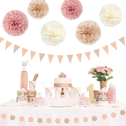 Pink Champagne-Peach Rose-Gold Boho Party Decorations - 23pcs Women Girls Birthday Tissue Pom Poms Streamers,Baby Bridal Shower Tassel Garland Banner,Rustic Wedding Graduation Decor Backdrop