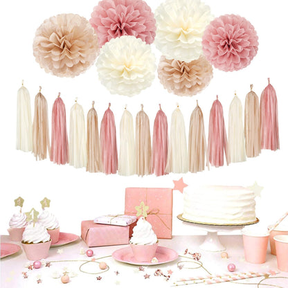 Pink Champagne-Peach Rose-Gold Boho Party Decorations - 23pcs Women Girls Birthday Tissue Pom Poms Streamers,Baby Bridal Shower Tassel Garland Banner,Rustic Wedding Graduation Decor Backdrop