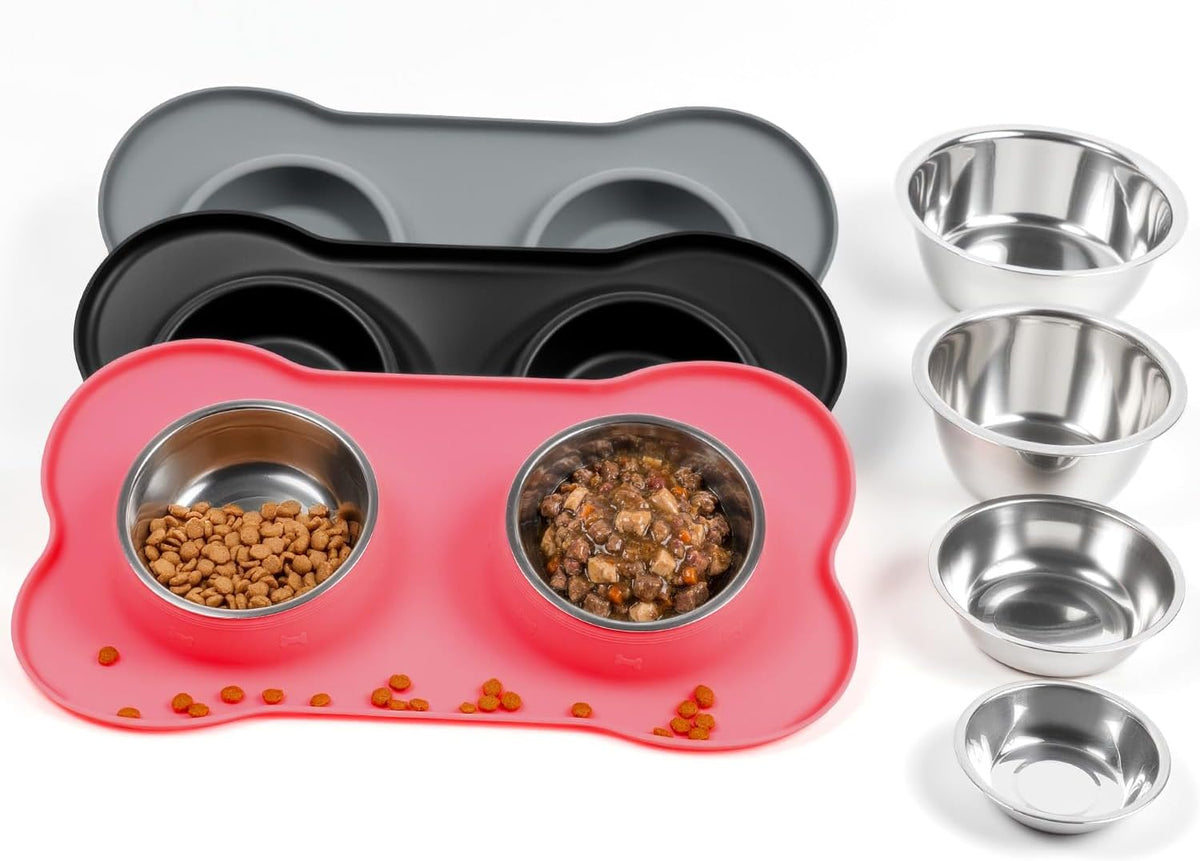 Dog Bowls with Silicone Mat, No Spill Stainless Set, XS, Pink