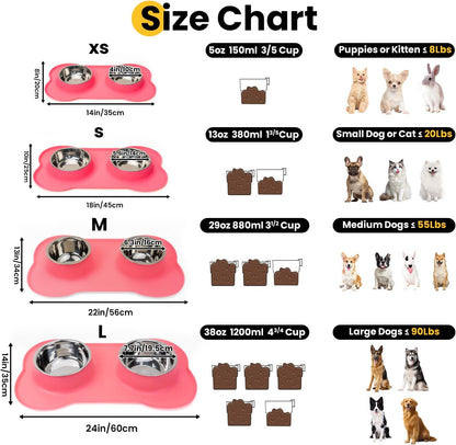 Dog Bowls with Silicone Mat, No Spill Stainless Set, XS, Pink