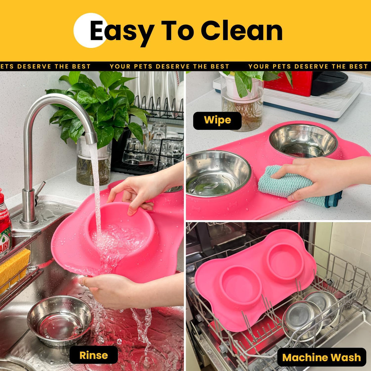 Dog Bowls with Silicone Mat, No Spill Stainless Set, XS, Pink
