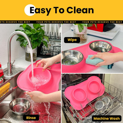 Dog Bowls with Silicone Mat, No Spill Stainless Set, XS, Pink