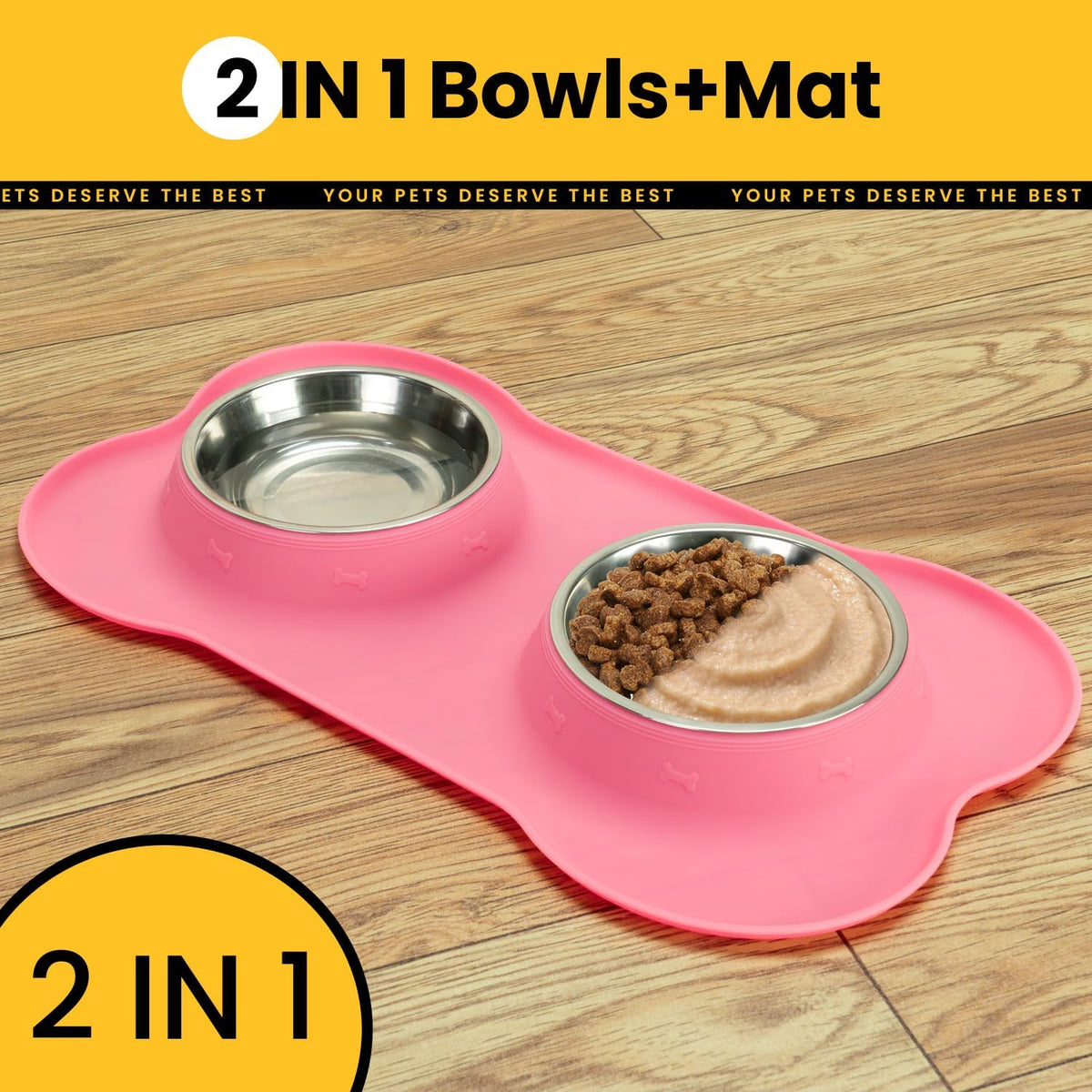Dog Bowls with Silicone Mat, No Spill Stainless Set, XS, Pink