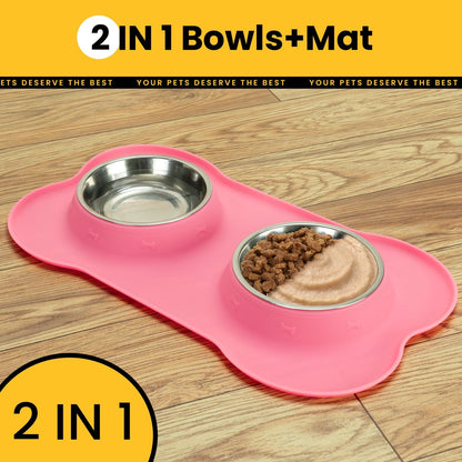 Dog Bowls with Silicone Mat, No Spill Stainless Set, XS, Pink