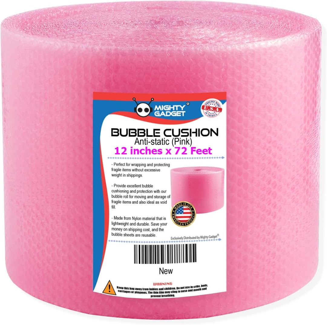 Antistatic Small Bubble Cushioning Wrap for Moving & Shipping - 72 FT Bubble Packing Wrap for Extra Protection Packaging Boxes & Mailers - Pink Bubble Roll Moving Supplies, Perforated Every 12 IN