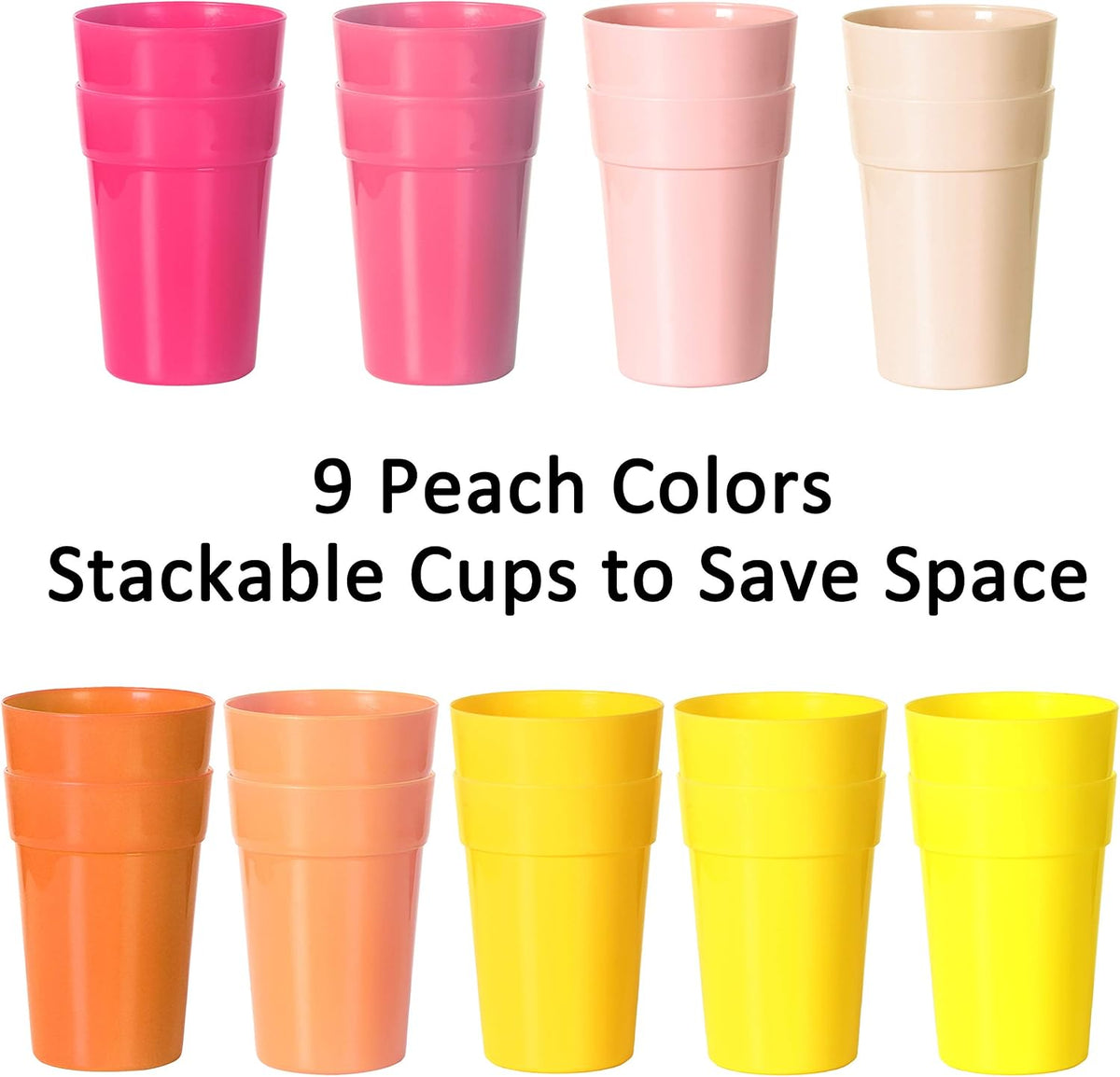 18 Pack 12 Ounce Plastic Kids Juice Tumblers, Unbreakable Drinking Glasses, Plastic Cups, Reusable | Stackable | NO BPA | Top-rack Dishwasher Safe (Peach Colors)