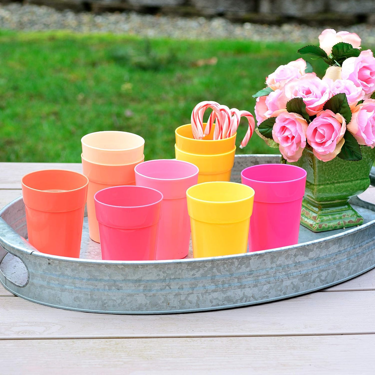 18 Pack 12 Ounce Plastic Kids Juice Tumblers, Unbreakable Drinking Glasses, Plastic Cups, Reusable | Stackable | NO BPA | Top-rack Dishwasher Safe (Peach Colors)