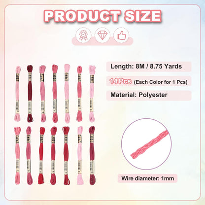 14 Skeins Embroidery Floss, Polyester Embroidery Threads Bracelets String for Cross-Stitch Hand Embroidery, Multicolored Dark Red Pink