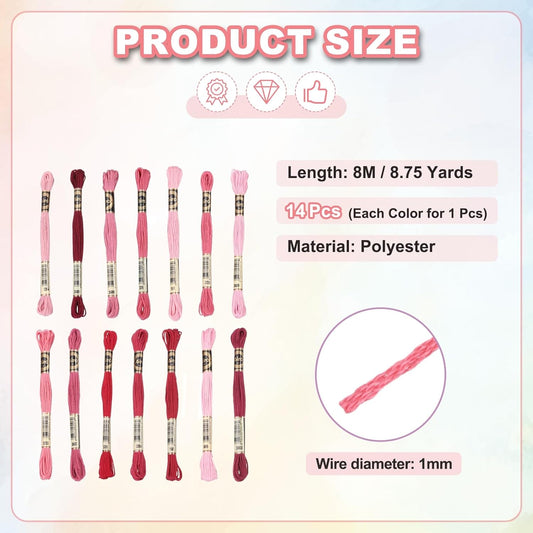 14 Skeins Embroidery Floss, Polyester Embroidery Threads Bracelets String for Cross-Stitch Hand Embroidery, Multicolored Dark Red Pink