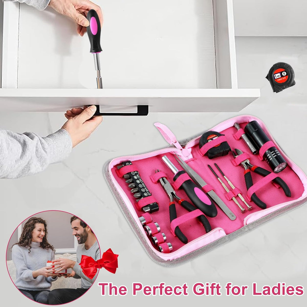 23Pcs Household Repair Tool Kit Multifunctional Pink Home Hand Tool Set with Storage Bag Portable Women Repair Tool Combination Set with for DIY Home Repair (Pink)