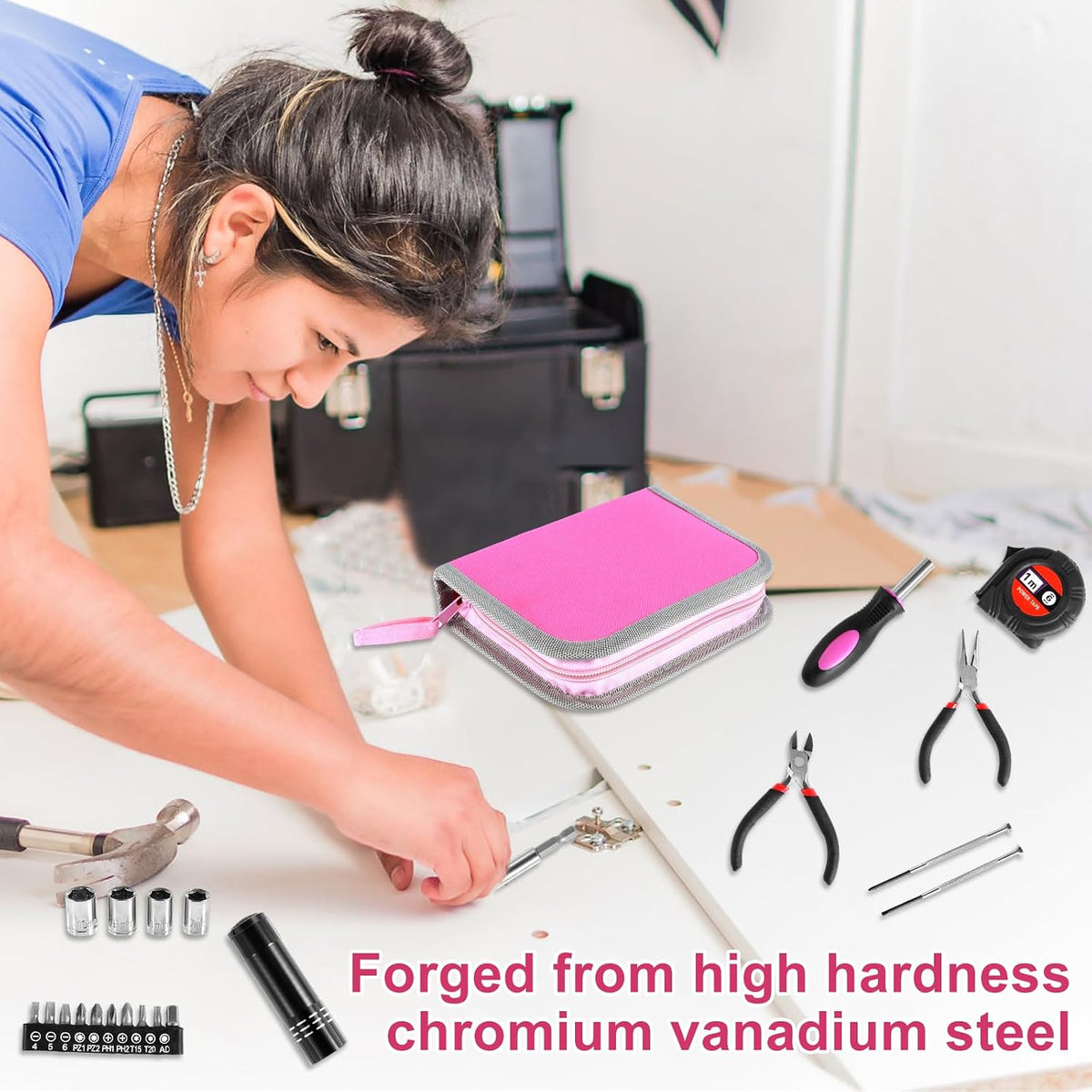 23Pcs Household Repair Tool Kit Multifunctional Pink Home Hand Tool Set with Storage Bag Portable Women Repair Tool Combination Set with for DIY Home Repair (Pink)