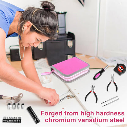 23Pcs Household Repair Tool Kit Multifunctional Pink Home Hand Tool Set with Storage Bag Portable Women Repair Tool Combination Set with for DIY Home Repair (Pink)