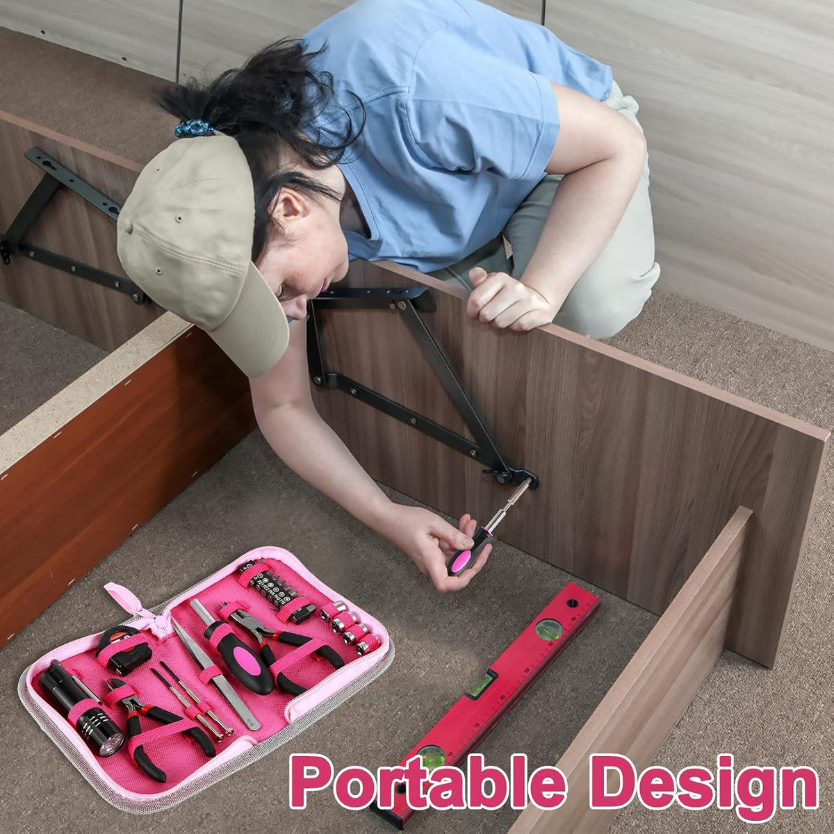23Pcs Household Repair Tool Kit Multifunctional Pink Home Hand Tool Set with Storage Bag Portable Women Repair Tool Combination Set with for DIY Home Repair (Pink)