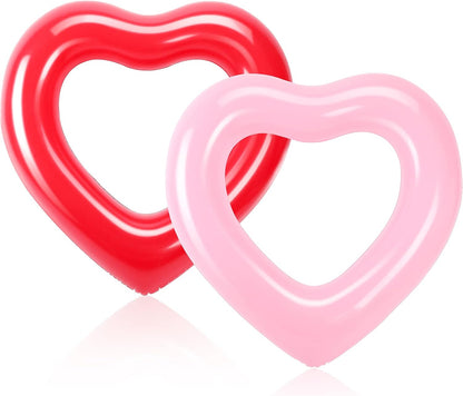 2 Pieces Heart Pool Float, 47.3 x 39.4 Inch Inflatable Swim Rings Bachelorette Party Pool Float Tube, Heart Shaped Summer Swimming Ring, Water Beach Party for Adults (Pink, Red)