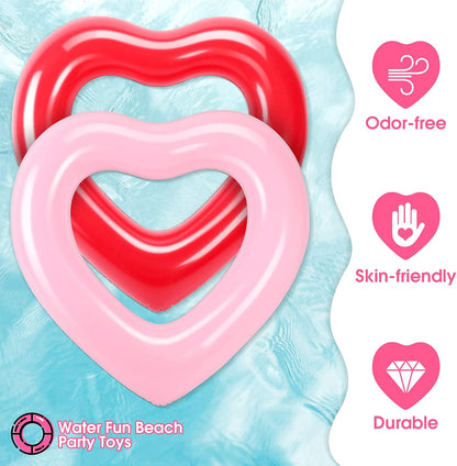 2 Pieces Heart Pool Float, 47.3 x 39.4 Inch Inflatable Swim Rings Bachelorette Party Pool Float Tube, Heart Shaped Summer Swimming Ring, Water Beach Party for Adults (Pink, Red)