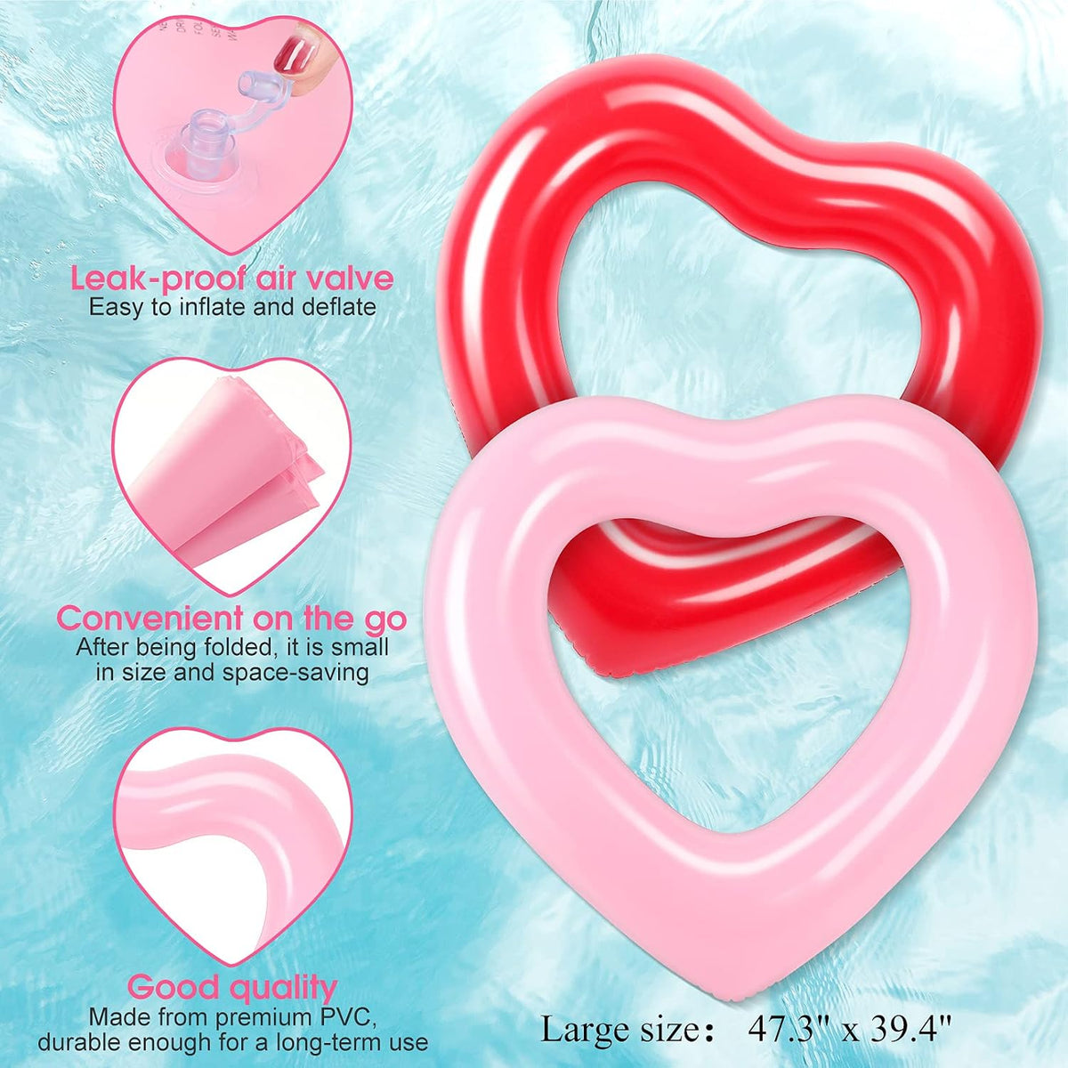 2 Pieces Heart Pool Float, 47.3 x 39.4 Inch Inflatable Swim Rings Bachelorette Party Pool Float Tube, Heart Shaped Summer Swimming Ring, Water Beach Party for Adults (Pink, Red)
