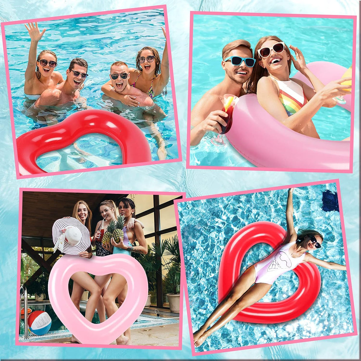2 Pieces Heart Pool Float, 47.3 x 39.4 Inch Inflatable Swim Rings Bachelorette Party Pool Float Tube, Heart Shaped Summer Swimming Ring, Water Beach Party for Adults (Pink, Red)
