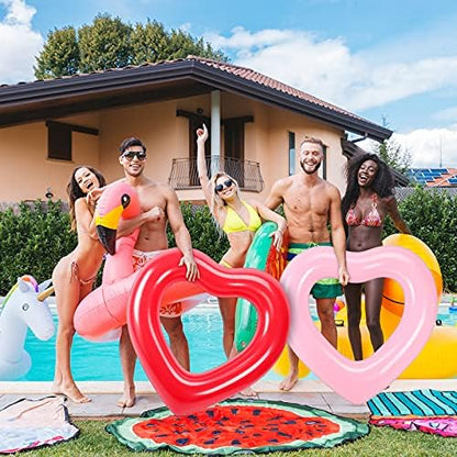 2 Pieces Heart Pool Float, 47.3 x 39.4 Inch Inflatable Swim Rings Bachelorette Party Pool Float Tube, Heart Shaped Summer Swimming Ring, Water Beach Party for Adults (Pink, Red)