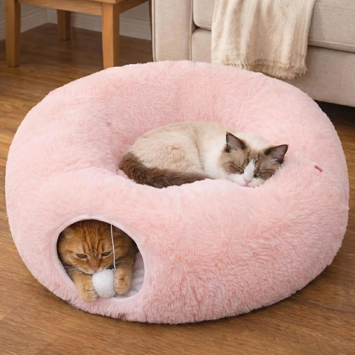Indoor Cat Tunnel with Donut Bed - Large Flexible Play Space for Multiple Pets - Circle or Snake Shape, Cozy Lounge (Pink)