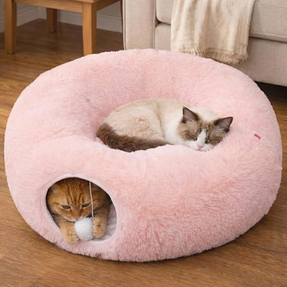 Indoor Cat Tunnel with Donut Bed - Large Flexible Play Space for Multiple Pets - Circle or Snake Shape, Cozy Lounge (Pink)