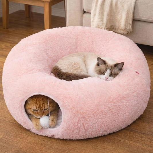 Indoor Cat Tunnel with Donut Bed - Large Flexible Play Space for Multiple Pets - Circle or Snake Shape, Cozy Lounge (Pink)