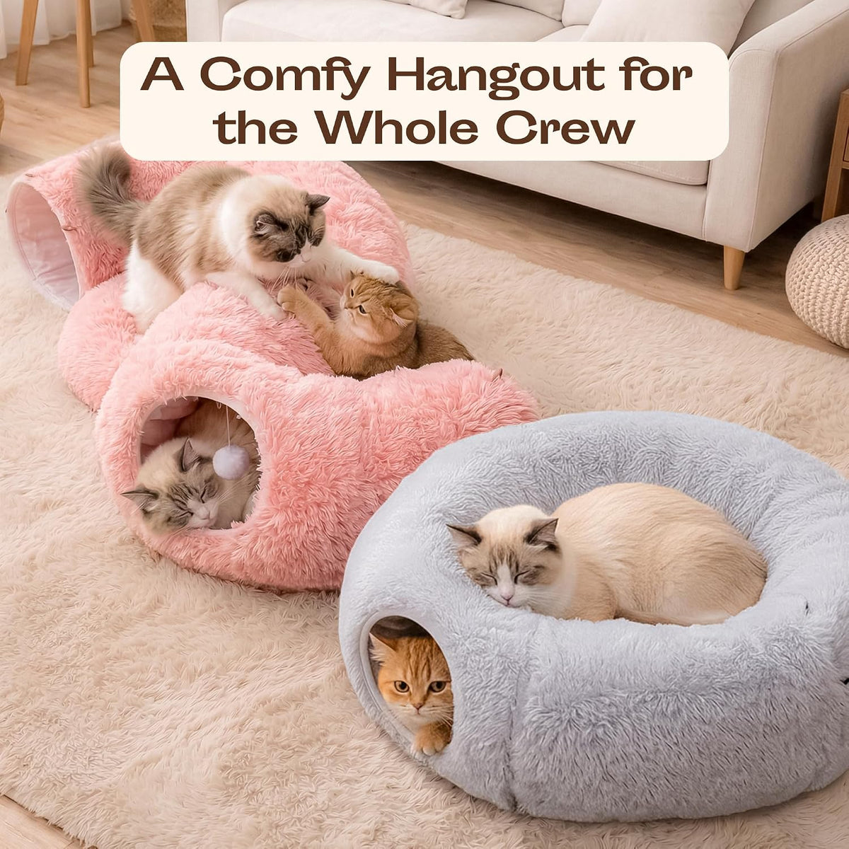 Indoor Cat Tunnel with Donut Bed - Large Flexible Play Space for Multiple Pets - Circle or Snake Shape, Cozy Lounge (Pink)