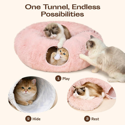 Indoor Cat Tunnel with Donut Bed - Large Flexible Play Space for Multiple Pets - Circle or Snake Shape, Cozy Lounge (Pink)