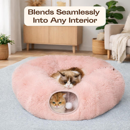 Indoor Cat Tunnel with Donut Bed - Large Flexible Play Space for Multiple Pets - Circle or Snake Shape, Cozy Lounge (Pink)