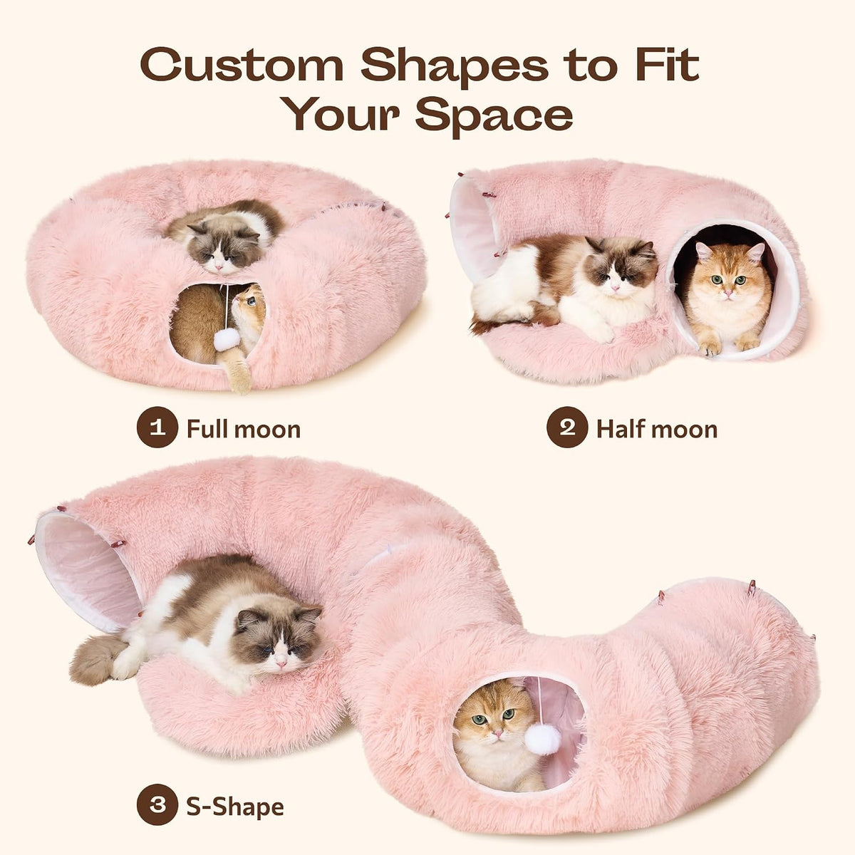 Indoor Cat Tunnel with Donut Bed - Large Flexible Play Space for Multiple Pets - Circle or Snake Shape, Cozy Lounge (Pink)