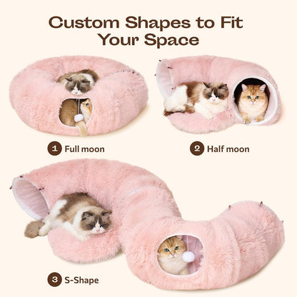 Indoor Cat Tunnel with Donut Bed - Large Flexible Play Space for Multiple Pets - Circle or Snake Shape, Cozy Lounge (Pink)