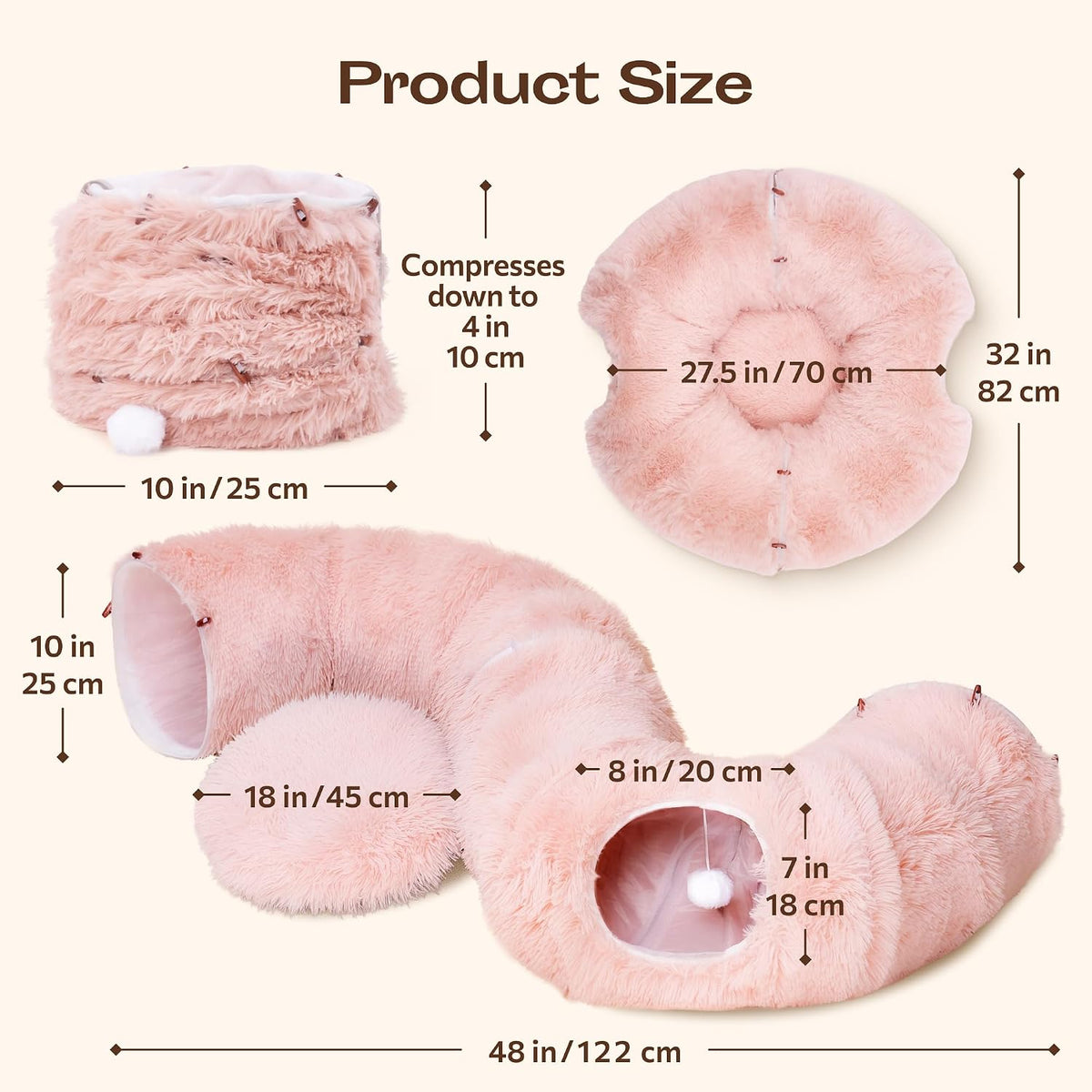 Indoor Cat Tunnel with Donut Bed - Large Flexible Play Space for Multiple Pets - Circle or Snake Shape, Cozy Lounge (Pink)