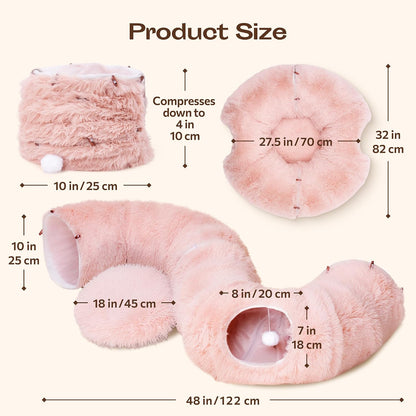 Indoor Cat Tunnel with Donut Bed - Large Flexible Play Space for Multiple Pets - Circle or Snake Shape, Cozy Lounge (Pink)