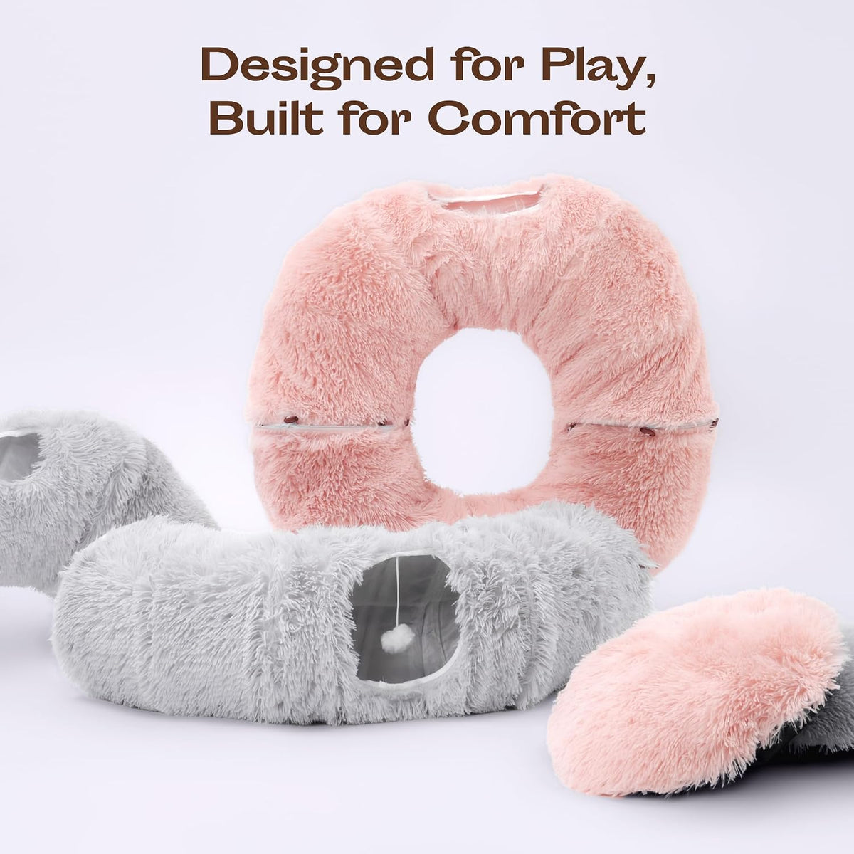 Indoor Cat Tunnel with Donut Bed - Large Flexible Play Space for Multiple Pets - Circle or Snake Shape, Cozy Lounge (Pink)